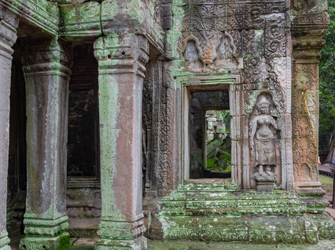Moss-covered stone drawing picture carvings on a building wall at Ta Prohm Tomb Raider temple complex. Angkor Wat historical site, Siem Reap, Cambodia