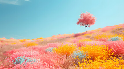 3D render of a tree on a cliff in a foggy forest,A Serene Bloom: A Colorful Landscape of Spring Flowers Under the Blue Sky