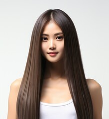 Beautiful Asian female with long straight hair on studio background