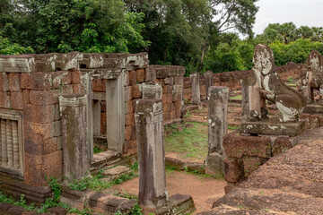 Stone red bricks and sculptures Pre Rup temple complex structure  located in the forest at Angkor Wat historical site Siem Reap, Cambodia