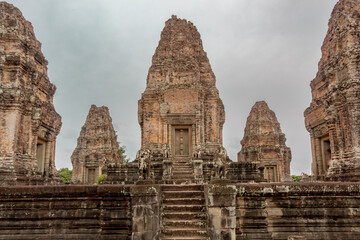 Stone brick ruin pagodas exterior building of the Pre Rup temple complex located in Angkor Wat historical site park Siem Reap, Cambodia