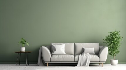 Interior mockup green wall with gray armchair and decor in living room.3d rendering