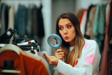 Woman Checking Price Tag with a Magnifier . Funny customer surprised by the low prices after sale...