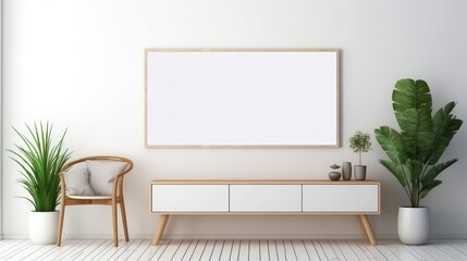 Interior mockup illustration with decor, 3d render, white wall with blank board