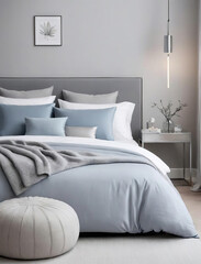 Obraz premium Minimalistic Bedroom Interior with Neutral Palette and Ethereal Lighting Gen AI