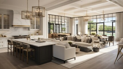kitchen and living room in newly constructed luxury home - obrazy, fototapety, plakaty