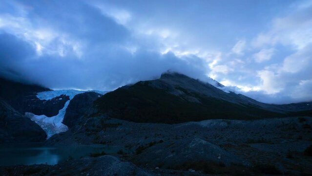 Timelapse Cloudy Sunset over Los Perros Glacier in Towers of Paine, Chile