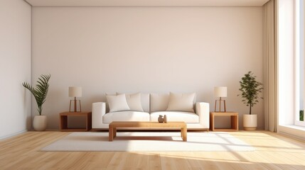 Living room interior is modern style, minimal, peaceful relaxation, wooden floor, creamy white wall, comfortable sofa, carpet, pillow, coffee table, vase, lamp. Natural light from window. 3D render.