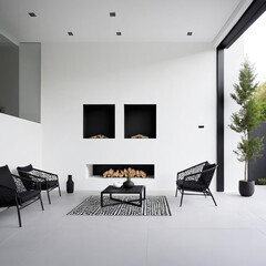 Minimalistic Nordic Patio Interior with Sleek Furniture and Textured Surfaces Gen AI - 729732228