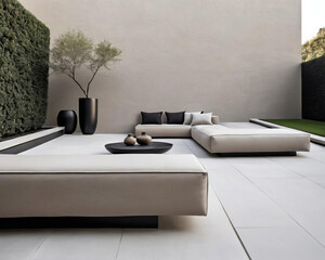 Minimalistic Luxury Patio - Contemporary Interior Design with Organic Elements and Neutral Tones Gen AI - 729732291
