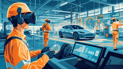 Workers wearing virtual reality headsets and operating simulation software testing and optimizing autonomous vehicle operations in a controlled environment.