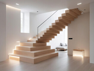 Minimalist Bedroom - Professional close-up photo of a minimalistic interior setting with a sustainable material staircase Gen AI - 729732468
