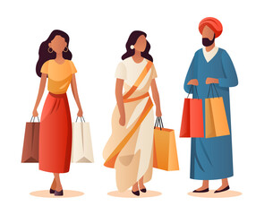 indian people in traditional clothes holding shopping bags season big sale special offer promotion discount horizontal