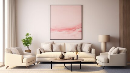 Fototapeta na wymiar Modern interior design of apartment, living room with beige sofa, marble coffee tables. Empty poster on the wall. 3d rendering