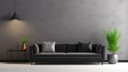 Modern interior design of living room. Black sofa and empty mockup wall background. 3D Rendering, 3D Illustration