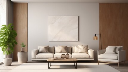 Fototapeta na wymiar Modern interior design of apartment, living room with beige sofa, marble coffee tables. Empty poster on the wall. 3d rendering