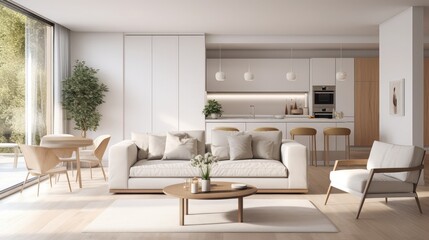Fototapeta na wymiar Modern Living room interior design, white kitchen, neutral color scheme. 3D concept rendering