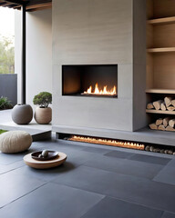 Modern Fireplace in Minimalistic Patio - Japanese Wabi-Sabi Elegance Gen AI - 729732886