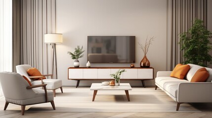 Modern Living Room Interior With Television Set, Sofa, Armchair, Floor Lamp And Coffee Table