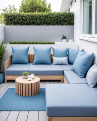 Minimalistic Patio Living - Professional close-up photo of a compact, multi-functional and modular interior design with soothing blues and grays Gen AI - 729733028