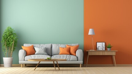 Orange sofa in cozy living room interior with pastel green wall and wood furniture. Wall mockup