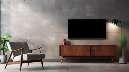 TV LED on the cabinet and armchair in loft style house on concrete wall background.3d rendering