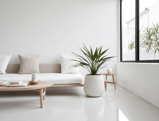 Tranquil Scandinavian Minimalism - Close-up of a Reflective Patio with Neutral Textiles and Indoor Plants Gen AI - 729733613
