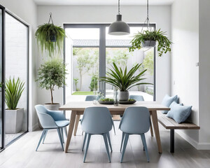 Minimalist Patio - Elegant dining area with indoor plants and efficient design Gen AI - 729733684
