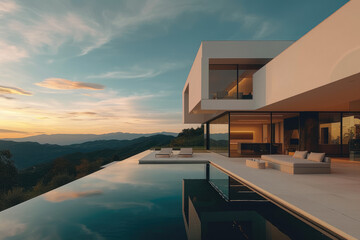 Exterior of modern minimalist cubic villa with swimming pool at sunset - obrazy, fototapety, plakaty