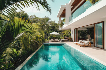 Fototapeta na wymiar Exterior of modern minimalist cubic villa with swimming pool with tropical plants