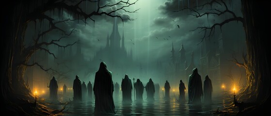 several spectral creatures in black robes in a foggy forest