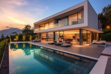 Exterior of modern minimalist cubic villa with swimming pool at sunset - obrazy, fototapety, plakaty