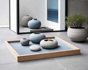 (Professional close up photo of a Minimalistic interior setting with a Zen garden patio and efficient storage) Gen AI - 729734229