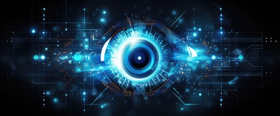 Obraz premium Abstract cyber network, vision and digital communication, cloud storage and innovation technology, vector. Digital eye for data network and cyber security, futuristic virtual cyberspace and internet