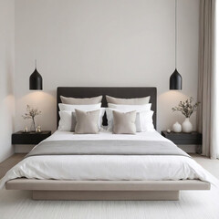 Tranquil Bedroom - Professional close-up photo of a minimalistic interior with monochrome accents and subtle lighting Gen AI - 729734293