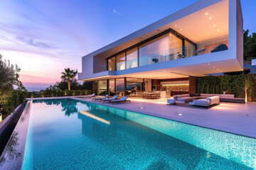 Obraz na płótnie Canvas Exterior of modern minimalist cubic villa with swimming pool at sunset