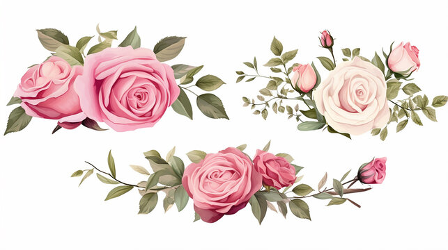 Beautiful romantic flower collection with roses leave isolated white background