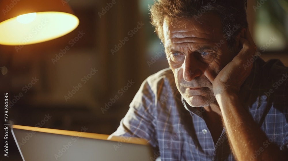 Poster a middleaged man with a pained expression his hand clutching his head as he attempts to navigate thr