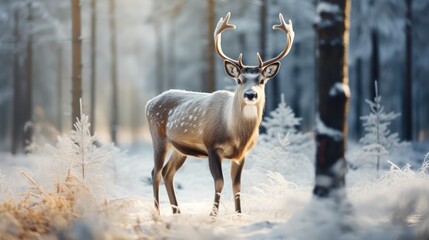 Fototapeta premium A reindeer stands on the frosted grass on an early winter morning in a snowy pine forest. winter animals, beautiful scenery