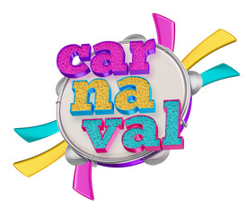 Label with name Carnival in Brazilian Portuguese with mask and tambourine