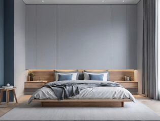 Elegance in Simplicity - Minimalist Bedroom with Scandinavian Influence and Dramatic Lighting Gen AI - 729734819