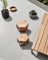 Minimalistic Patio - Professional close-up photo of a minimalist interior setting with organic and sustainable materials Gen AI - 729734881