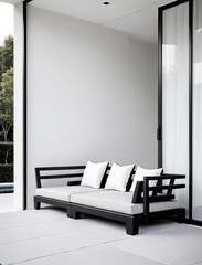 Minimalistic Japanese Patio - Professional close-up photo of a harmoniously balanced and minimalist interior setting with soft upholstery and strategically placed accents Gen AI - 729735013
