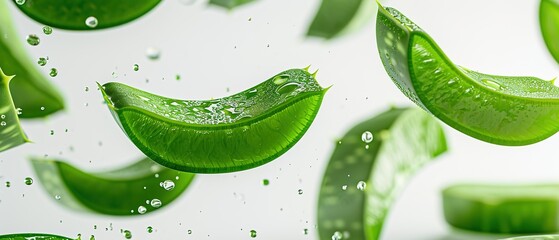 Aloe vera slices with water drops on white background, banner. AI generated