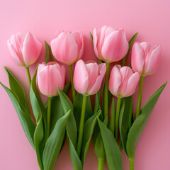 Fototapeta premium composition spring flowers. Bouquet of pink tulips flowers on pastel pink background. Valentine's Day,