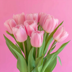 composition spring flowers. Bouquet of pink tulips flowers on pastel pink background. Valentine's Day,