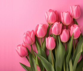 composition spring flowers. Bouquet of pink tulips flowers on pastel pink background. Valentine's Day,