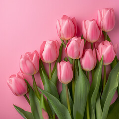 Obraz premium composition spring flowers. Bouquet of pink tulips flowers on pastel pink background. Valentine's Day,