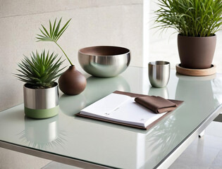 Minimalistic Zen Patio - Professional close-up photo of a serene and clean workspace with subdued greens and organic browns Gen AI - 729735249