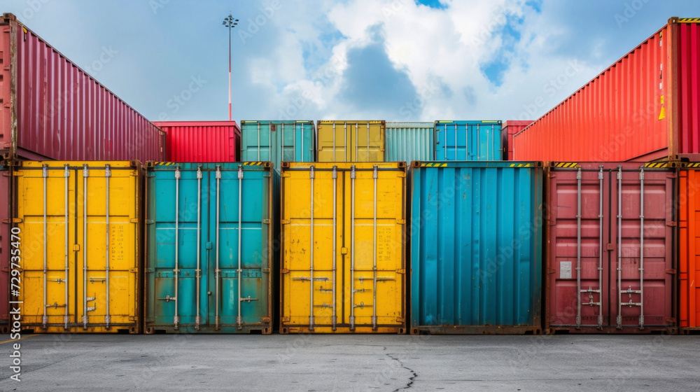 Poster stacks of colorful shipping containers sit idle at a port highlighting the challenge of container im
